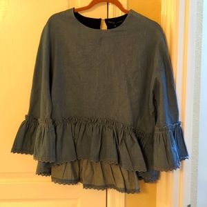 English Factory Chambray Bell Sleeve Peplum Hi Low Top